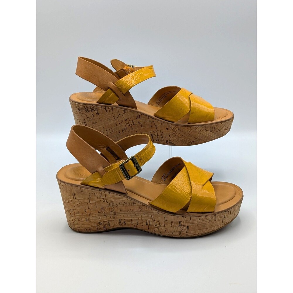 Kork-Ease Ava Sandals Women 8 Yellow Leather Slide In Wedges Cork Platform Mang